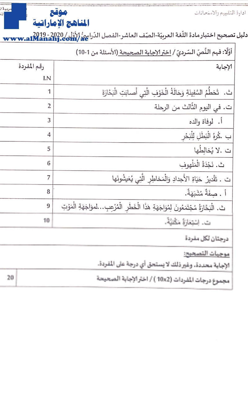 دليل تصحيح امتحان نهاية الفصل الأول
