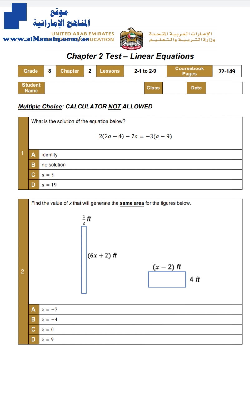 تلخيص الوحدة الثانية Chapter 2 Test Linear Equations منهج انجليزي