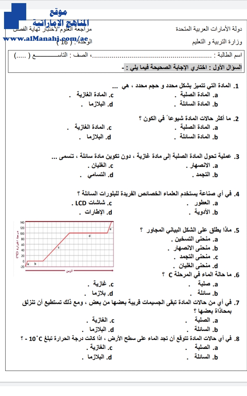 مراجعة لاختبار نهاية الفصل نموذج غير محلول الوحدة 16 المواد الصلبة والسائلة والغازية