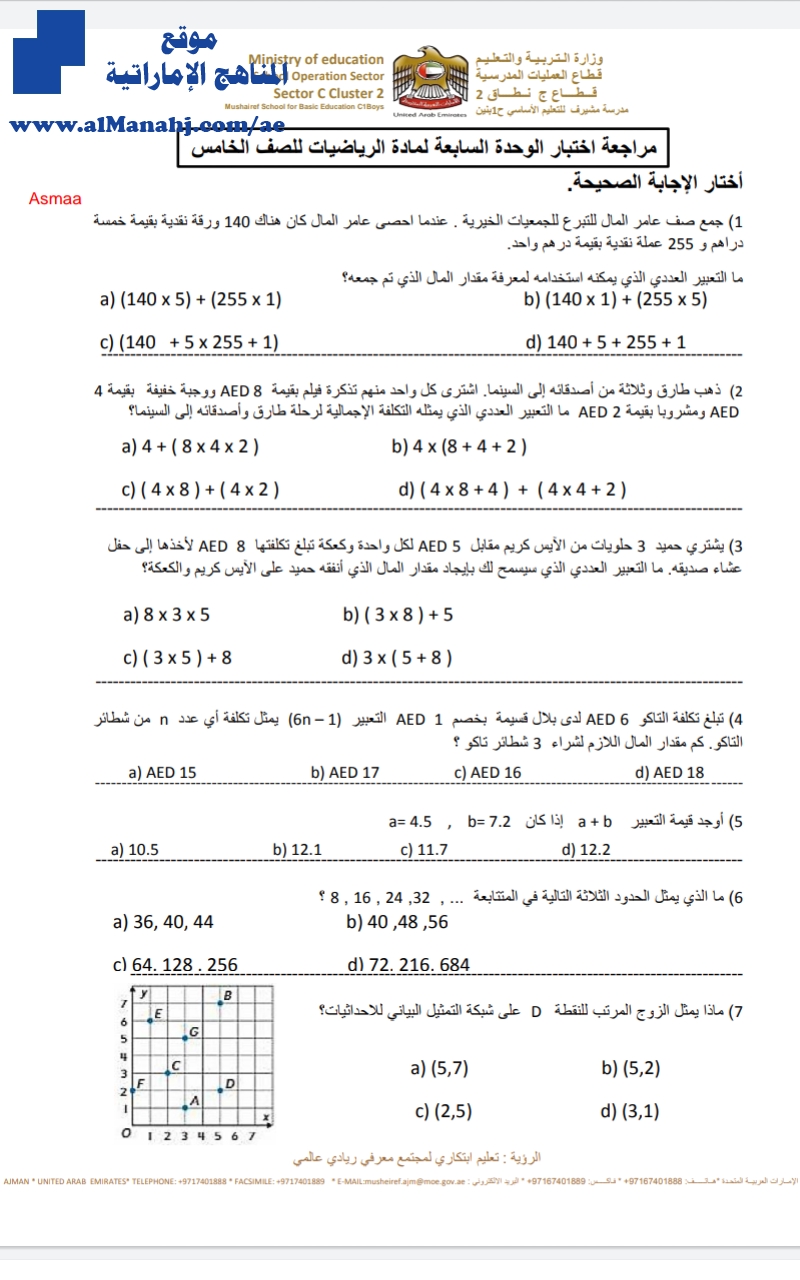مراجعة اختبار الوحدة السادسة