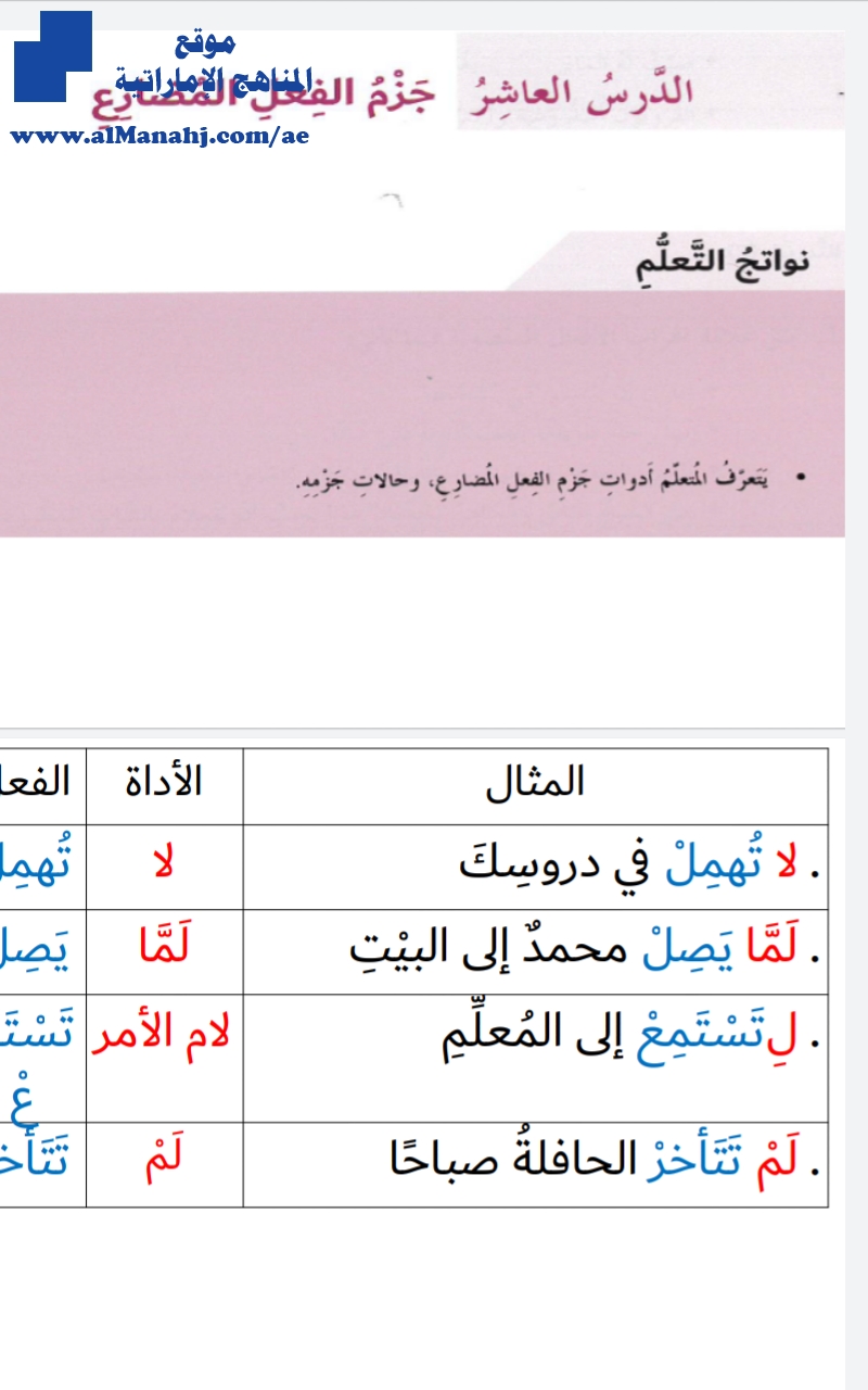حل الدرس العاشر جزم الفعل المضارع