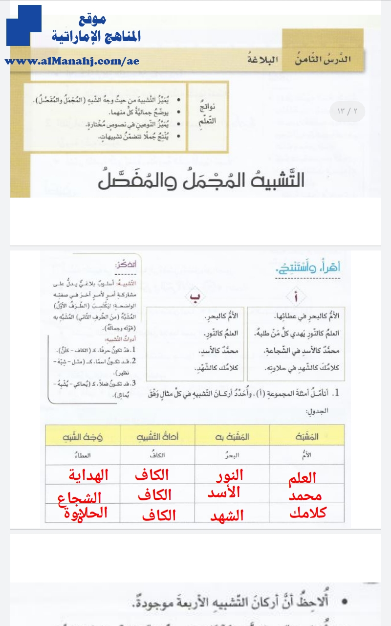 حل درس التشبيه المجمل والمفصل
