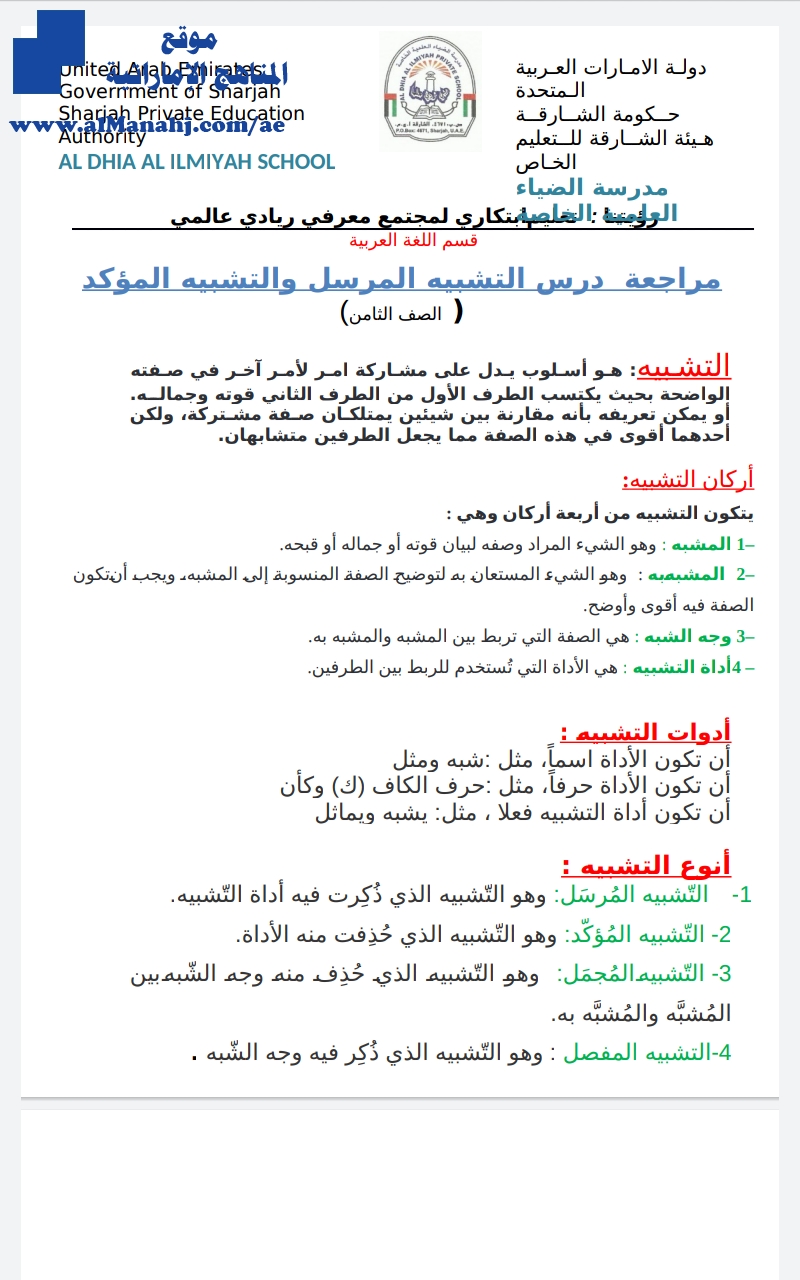 ورقة عمل درس التشبيه المرسل والتشبيه المؤكد
