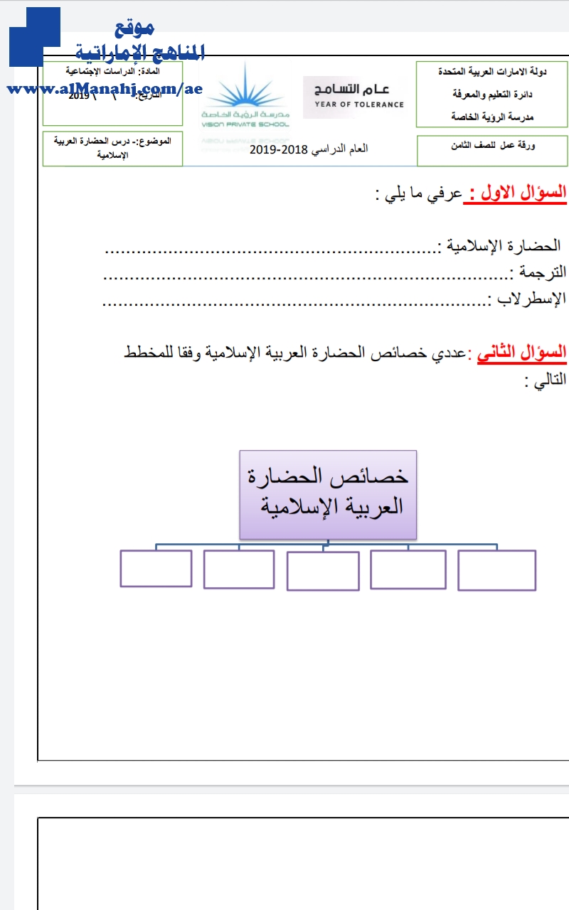 ورقة عمل درس الحضارة العربية الاسلامية