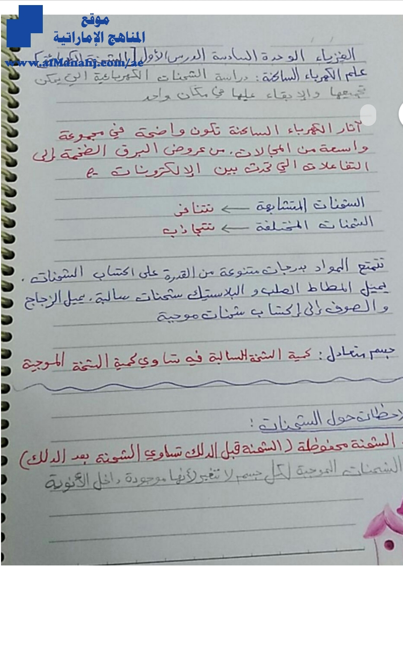 ملخص درس الكهرباء الساكنة "بخط اليد"