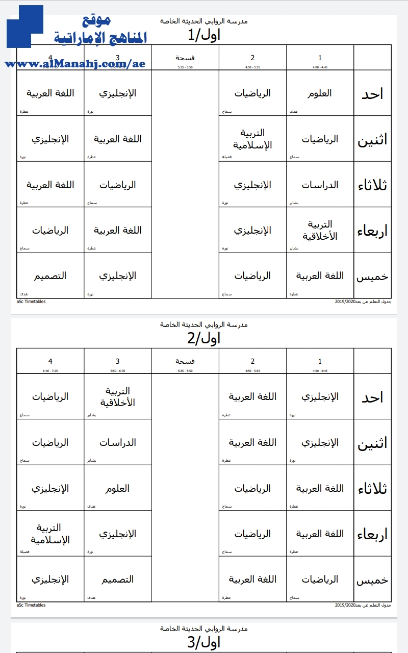 جدول حصص التعلم عن بعد لمدرسة الروابي الخاصة
