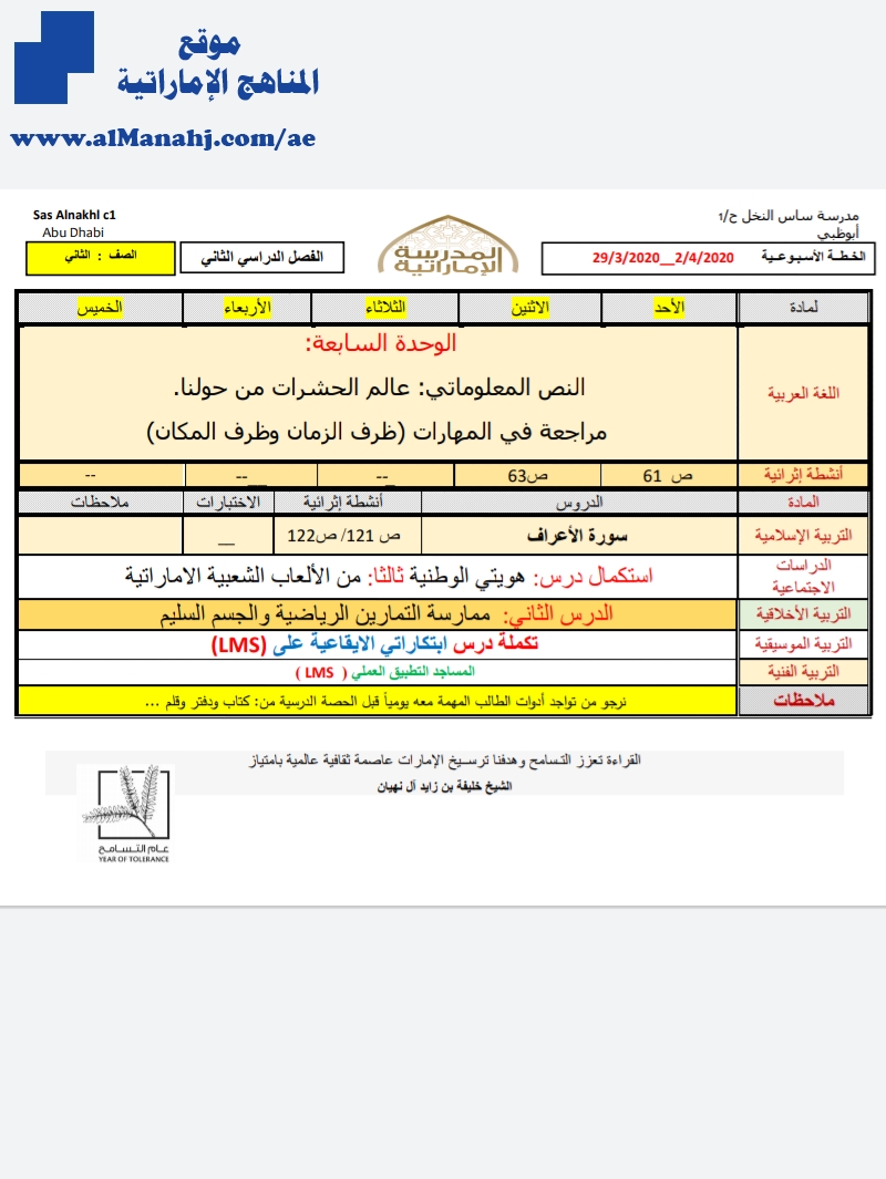 الخطة الإسبوعية للصف الثاني مدرسة ساس النخل من 29/3 إلى 2/4/2020
