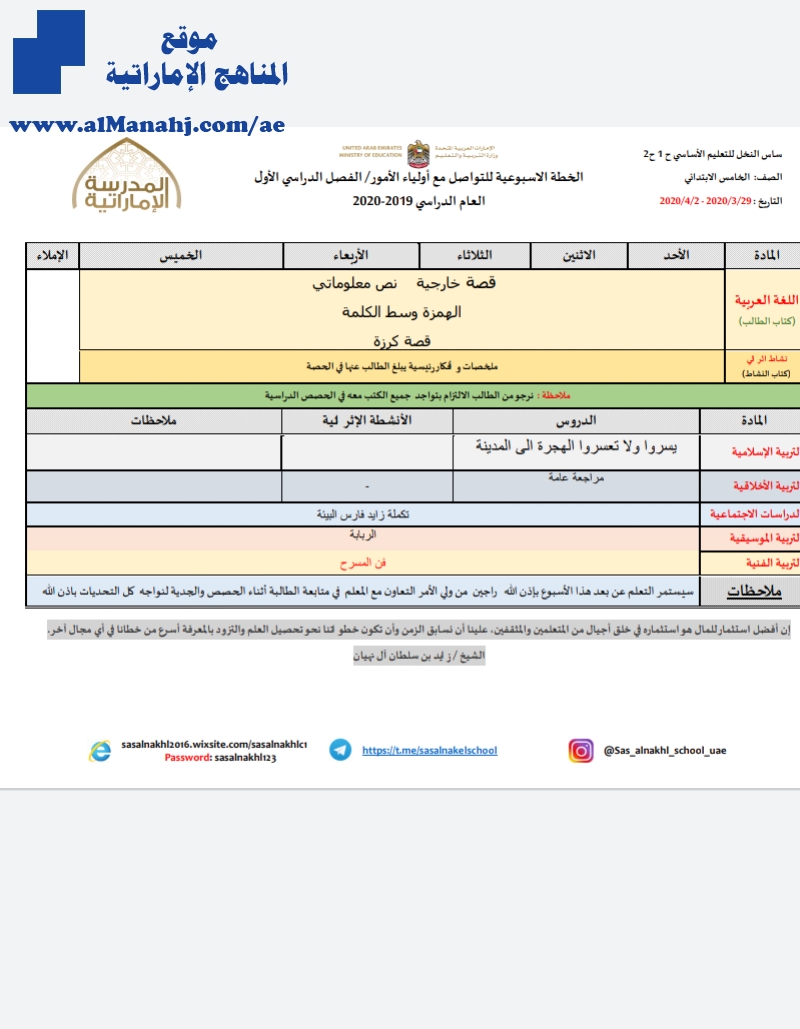 الخطة الإسبوعية للصف الخامس مدرسة ساس النخل من 29/3 إلى 2/4/2020
