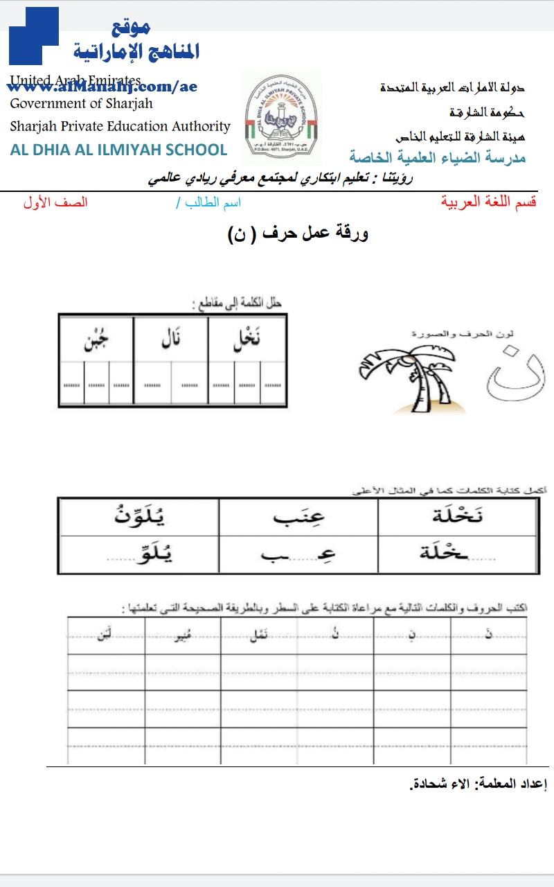 ورقة عمل حرف النون