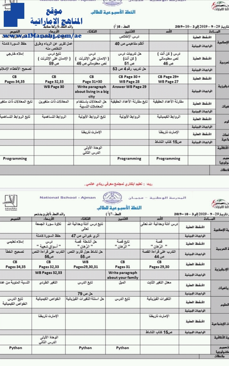 الخطة الأسبوعية مدرسة الضياء عجمان للصفوف من الرابع إلى الثامن قسم الطلاب من الأحد 29/ 9 إلى الخميس. 3/10/2019