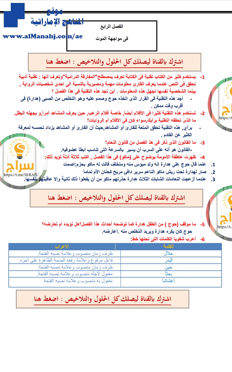 حل درس في مواجهة الموت من رواية الولد الذي عاش مع النعام "الفصل الرابع"