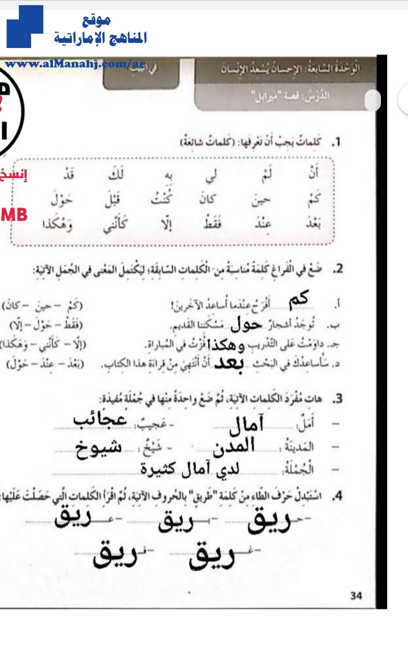 الوحدة السابعة كتاب النشاط قصة ميرابل مع الحل