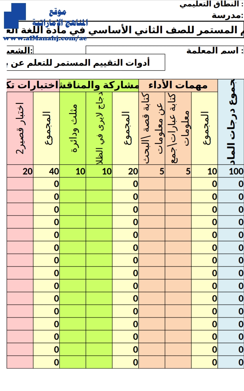 سجل التقييم المستمر لغة عربية