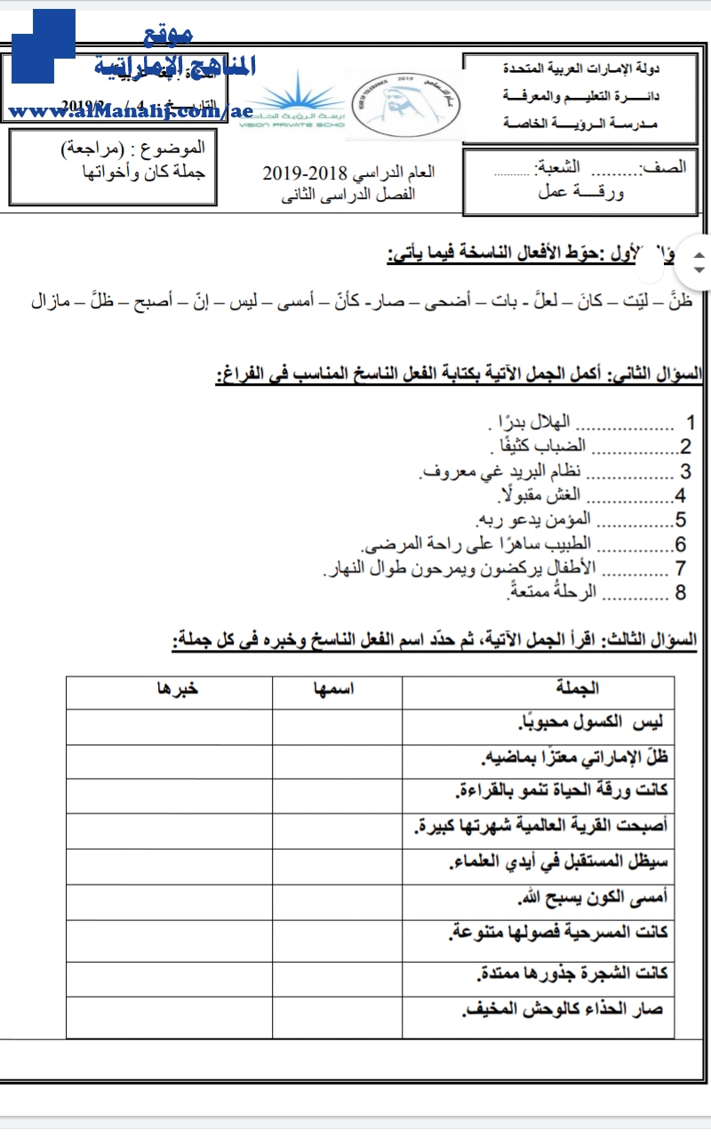 ورقة عمل جملة كان وأخواتها