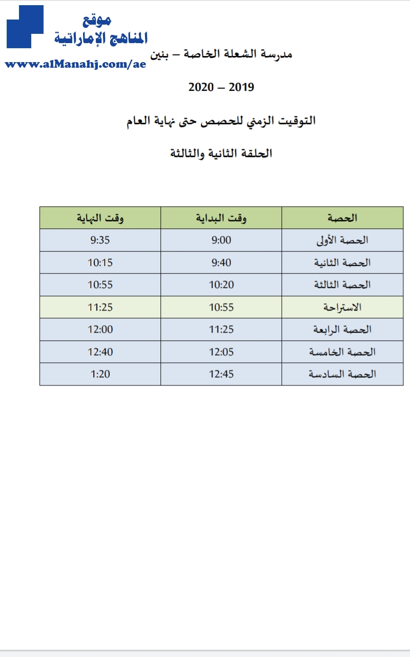 التوقيت الزمني للحصص بعد شهر رمضان مدرسة الشعلة الخاصة