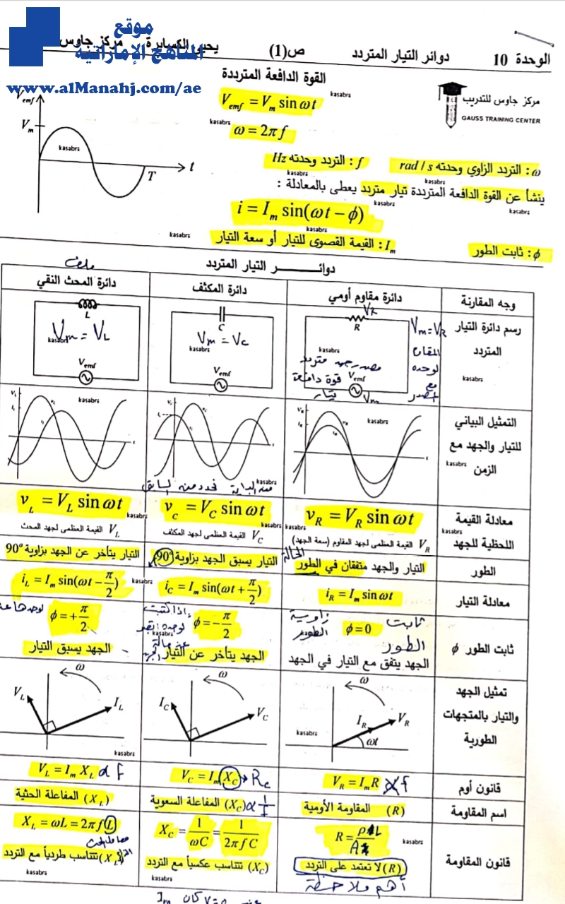 مراجعة الوحدة العاشرة دوائر التيار المتردد