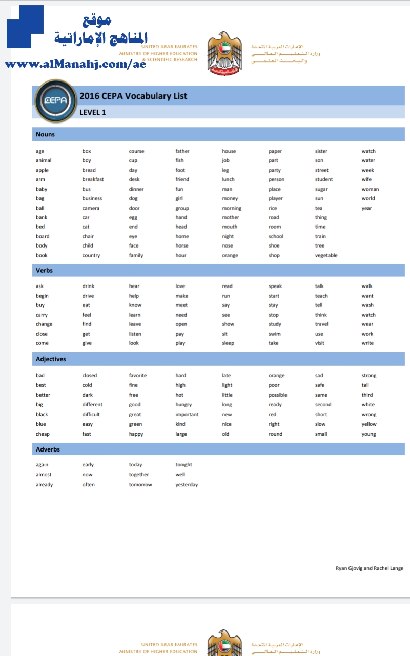 2016 CEPA Vocabulary List from level 1 to level 10