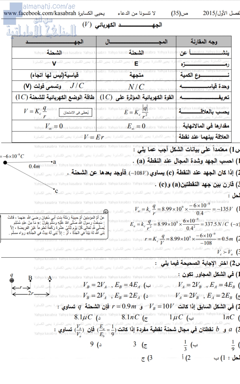 مذكرة محلولة لدرس ( الجهد الكهربائي )