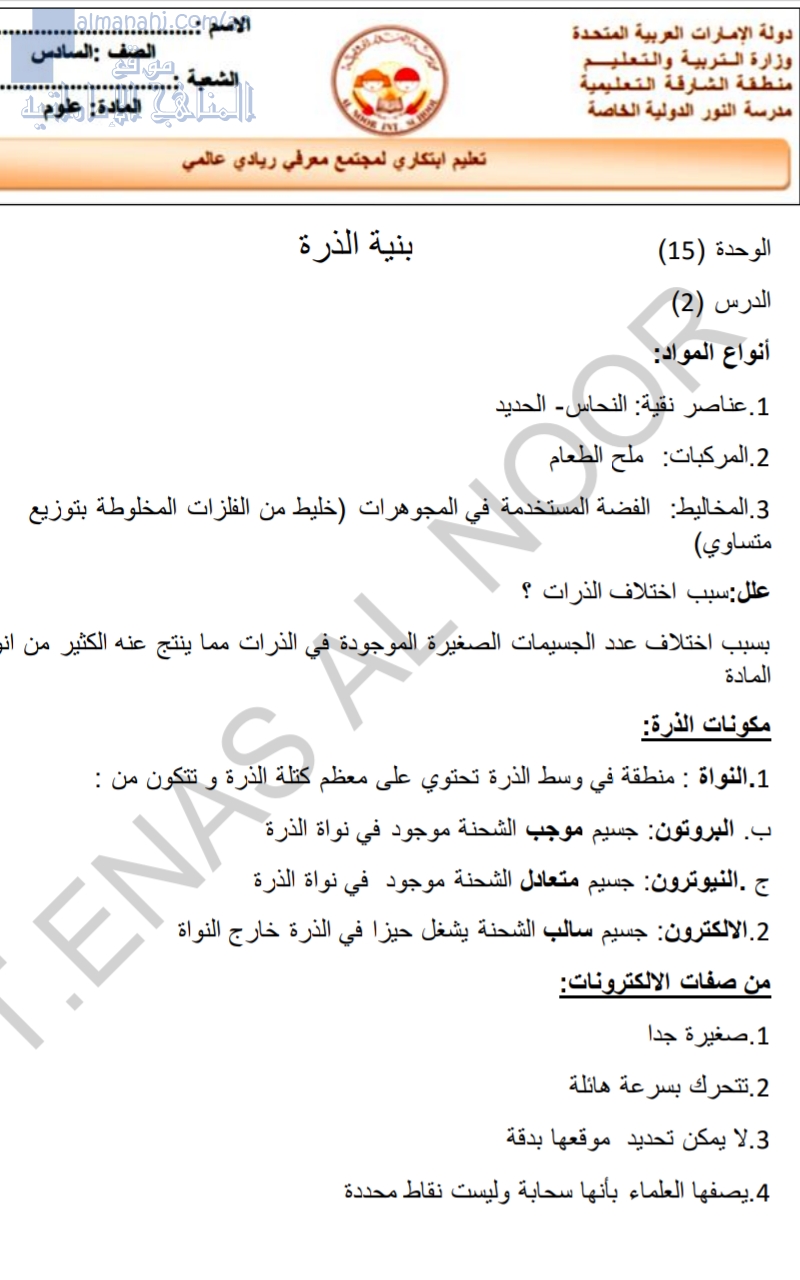 تلخيص درس بنية الذرة