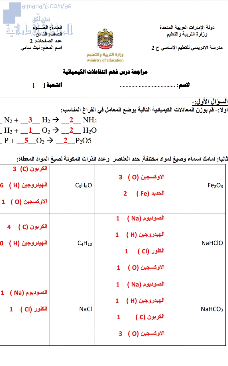 مراجعة درس فهم التفاعلات الكيمائية