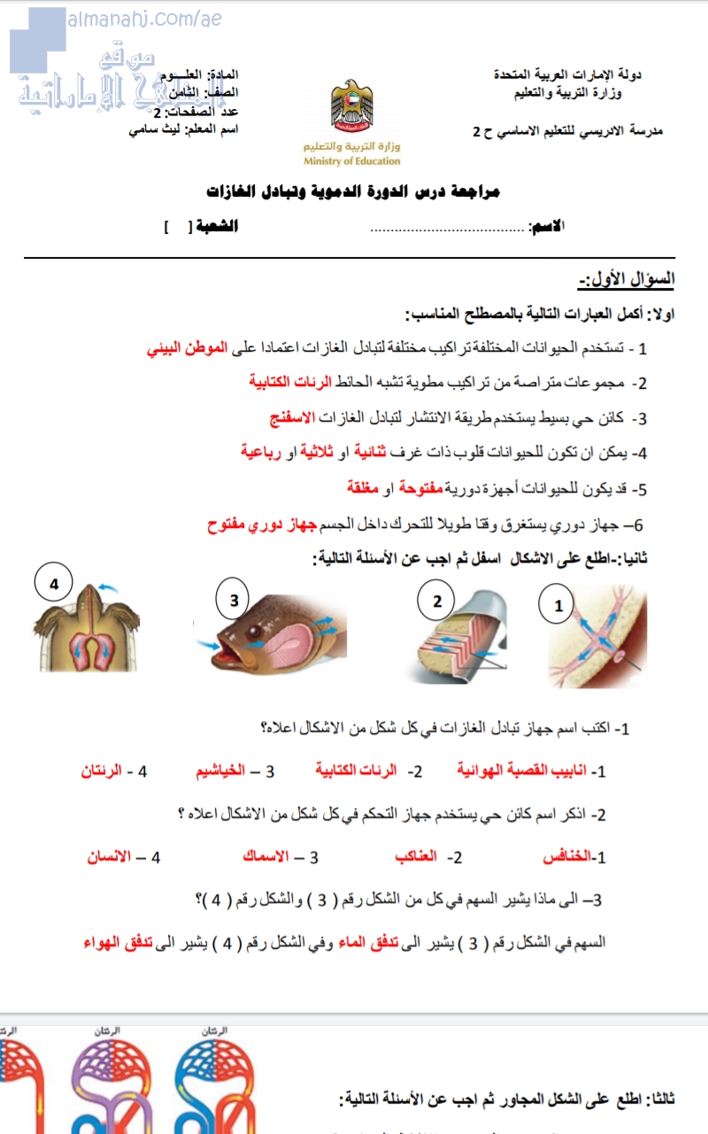 مراجعة درس الدورة الدموية وتبادل الغازات