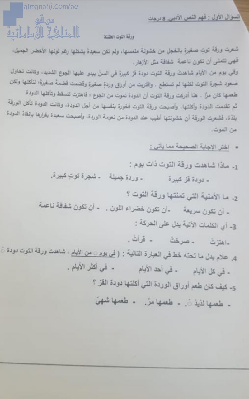 اختبار تكويني اول (ورقة التوت الخشنة والقلم والفضاء)