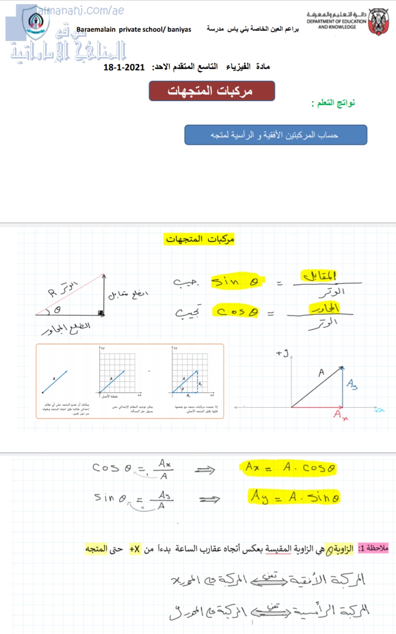 مراجعة درس مركبات المتجهات