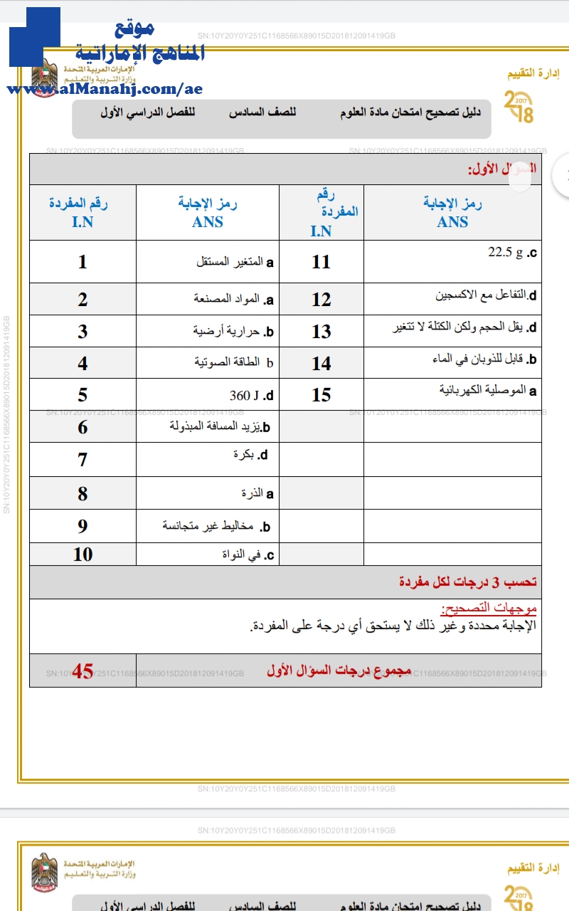 دليل تصحيح امتحان العلوم