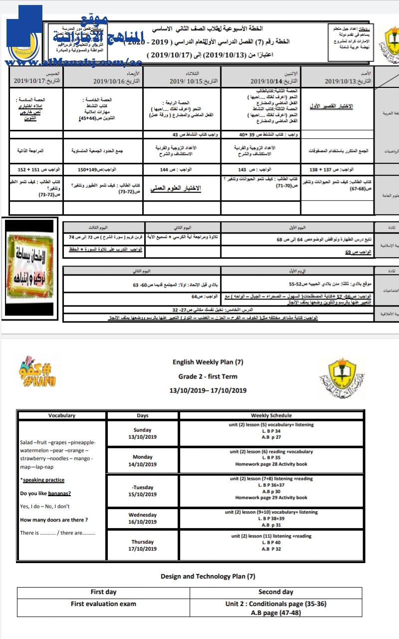الخطة الاسبوعية للصف الثاني مدرسة الشعلة الخاصة من 13/10 إلى 17/10/2019