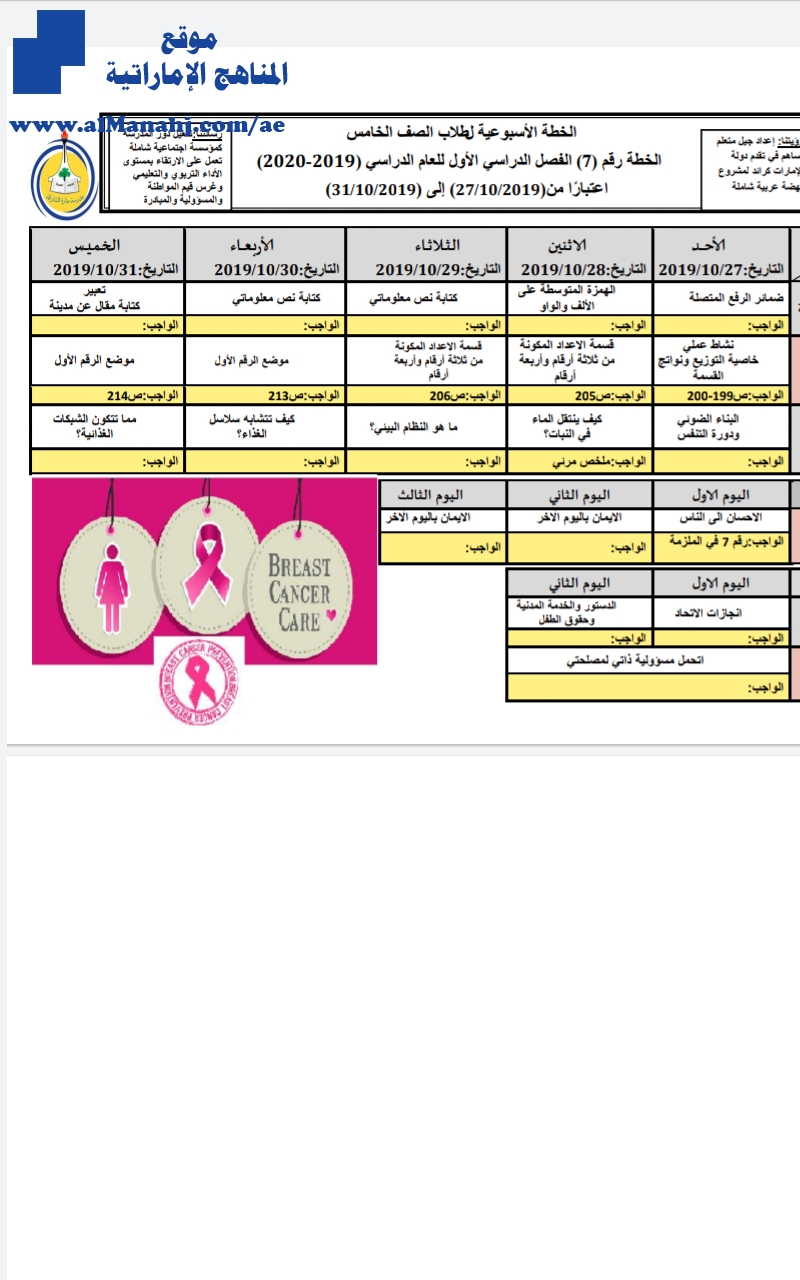 الخطة الأسبوعية مدرسة الشعلة الخاصة من 27/10 إلى 31/10/2019 للصفوف من الرابع إلى الثاني عشر