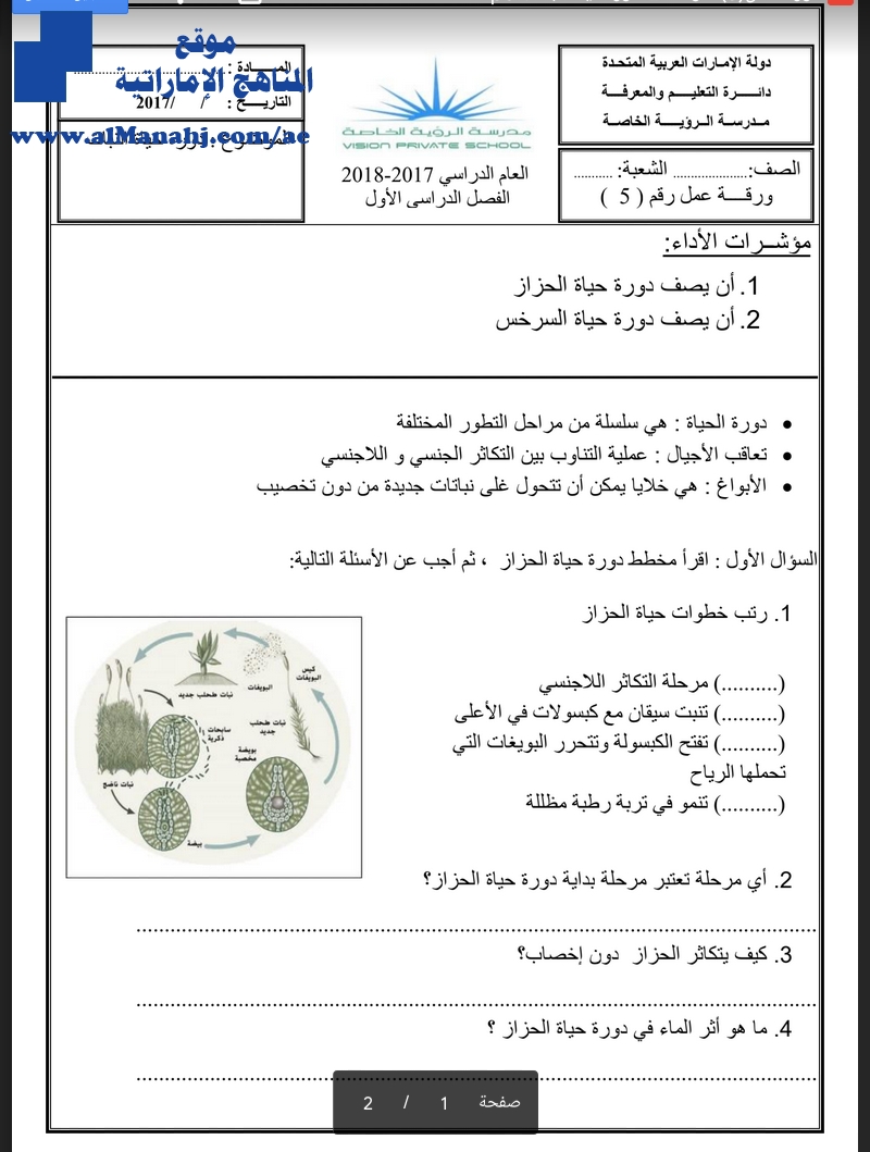 ورقة عمل الوحدة الثانية دورة حياة النبات / ملف ثاني