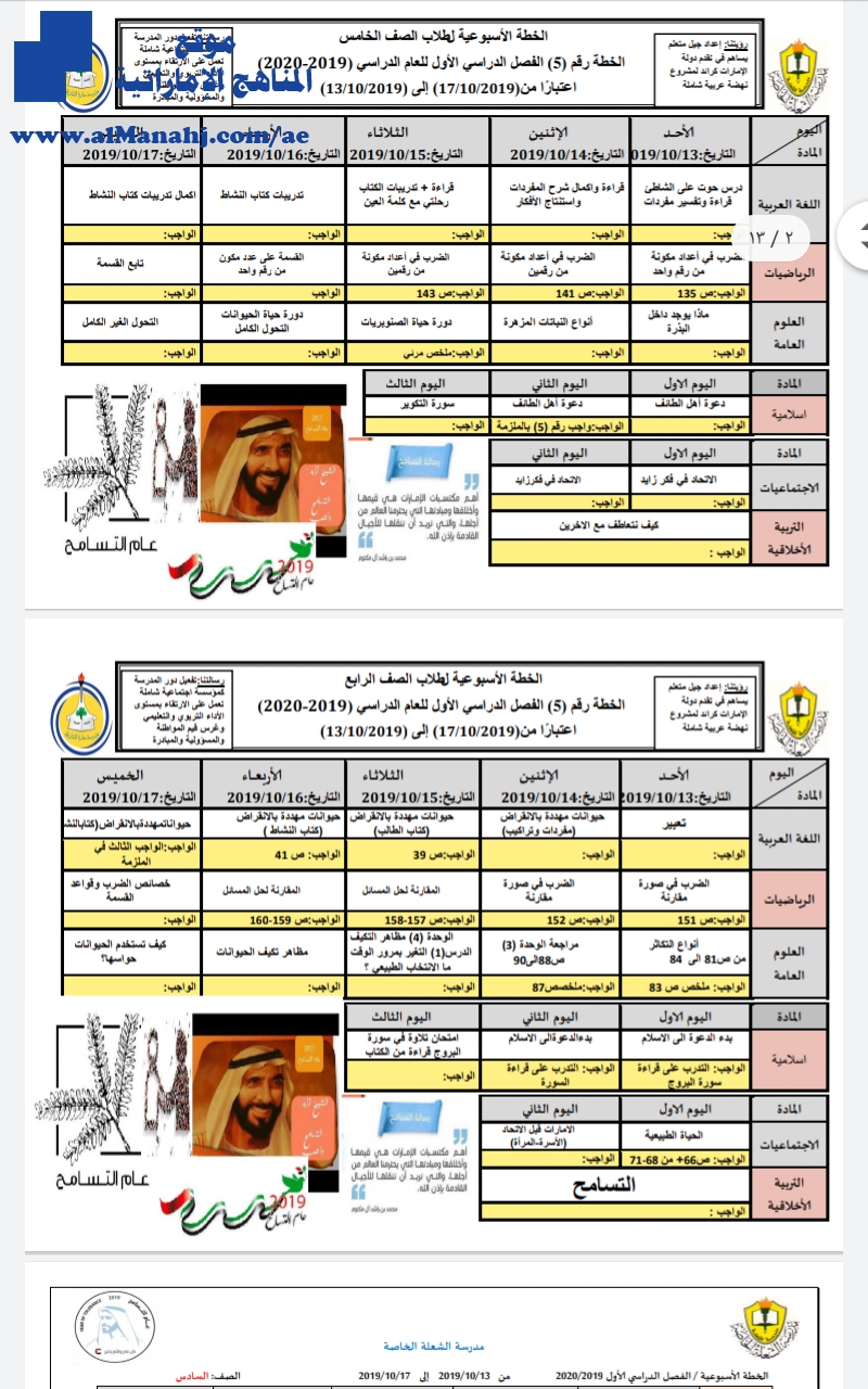 الخطة الأسبوعية مدرسة الشعلة الخاصة من 13/10 إلى 17/10/2019 للصفوف من الرابع إلى الثاني عشر