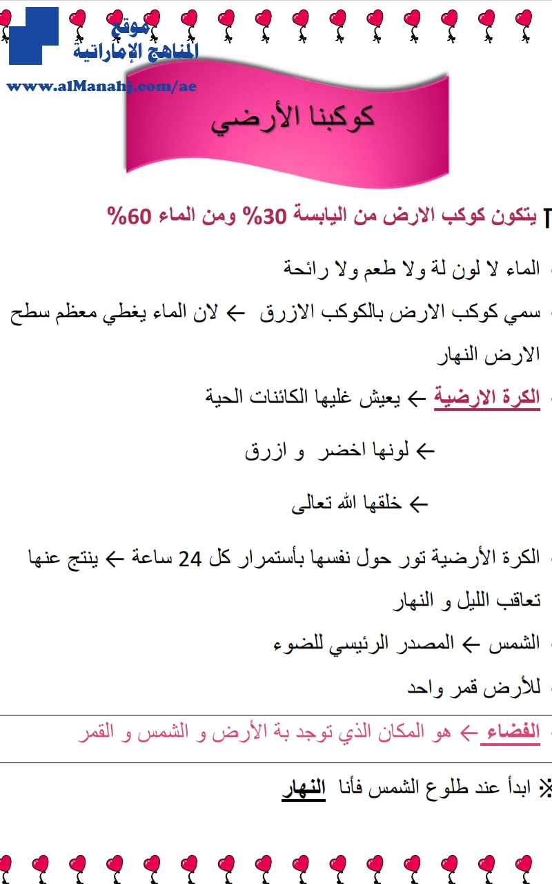 ملخص ثاني لدرس كوكبنا الأرض