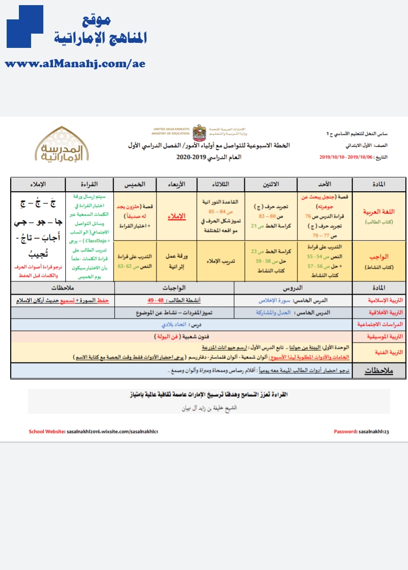 الخطة الأسبوعية مدرسة ساس النخل من 6/10 إلى 10/10/2019 للصفوف من الأول إلى الخامس