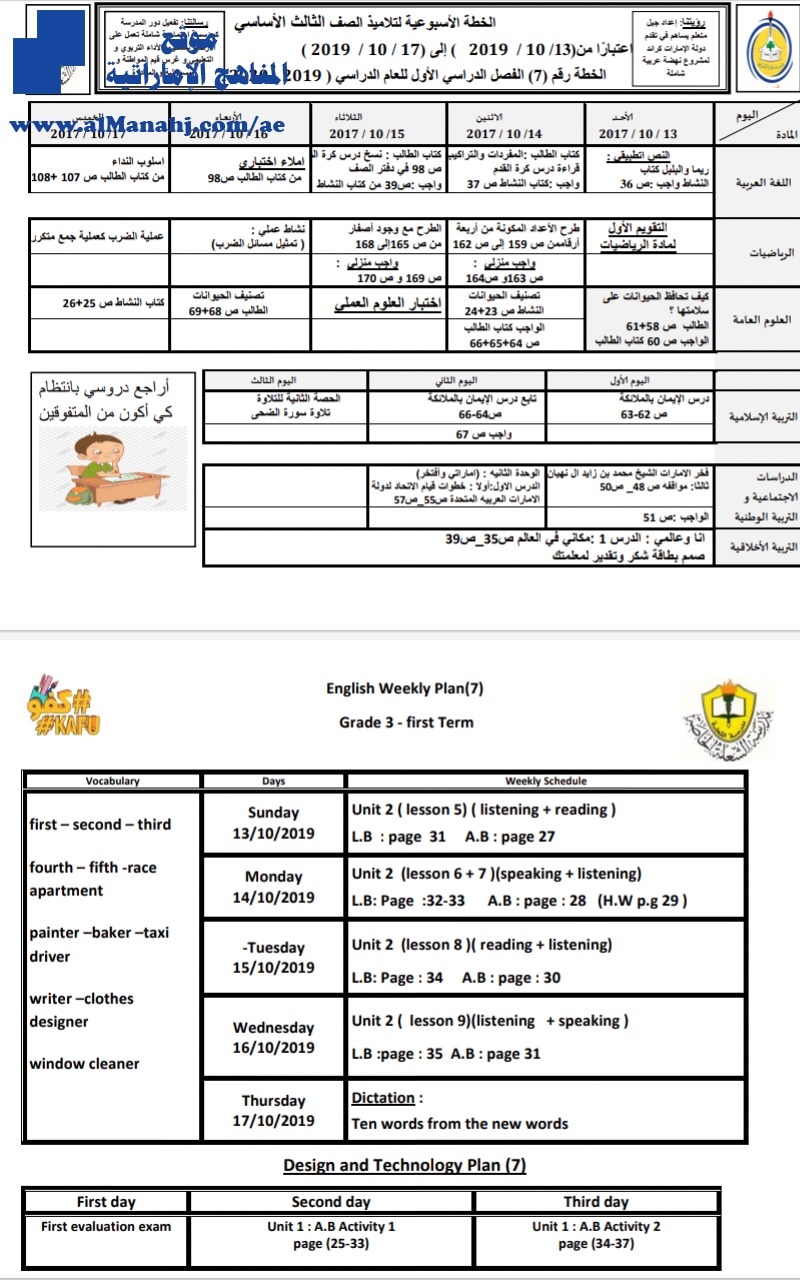 الخطة الاسبوعية للصف الثالث مدرسة الشعلة الخاصة من 13/10 إلى 17/10/2019