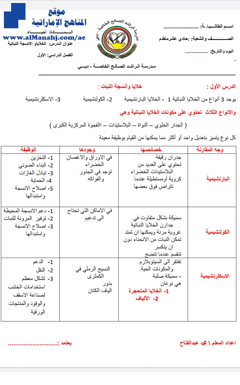 أوراق عمل درس خلايا وأنسجة النبات
