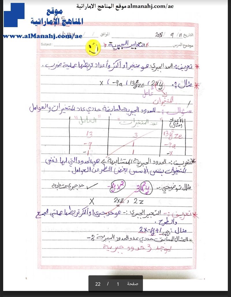 حل تمارين الوحدة الأولى التعابير والمعادلات والدوال