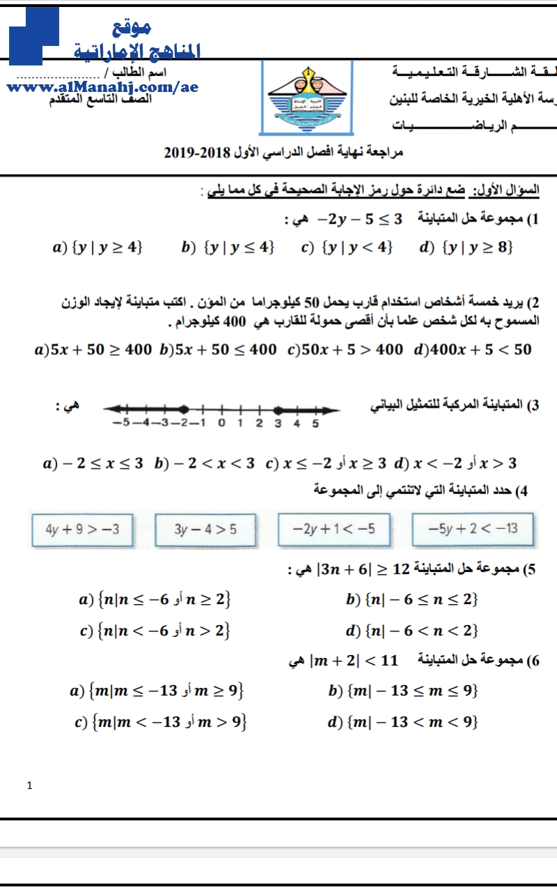 مراجعة نهائية للفصل  الأول
