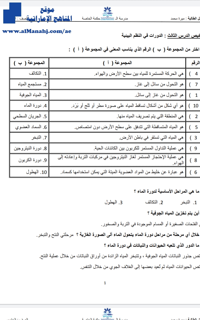 تلخيص الدرس الثالث الدورات في النظم البيئية