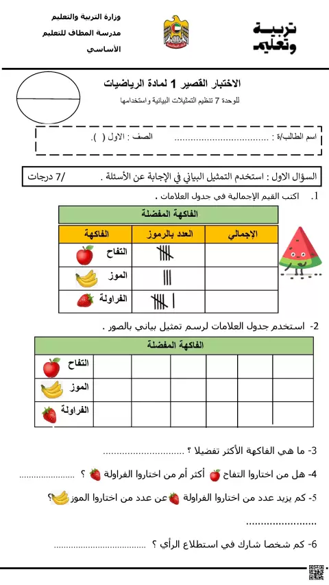 الاختبار القصير 1 لمادة الرياضيات