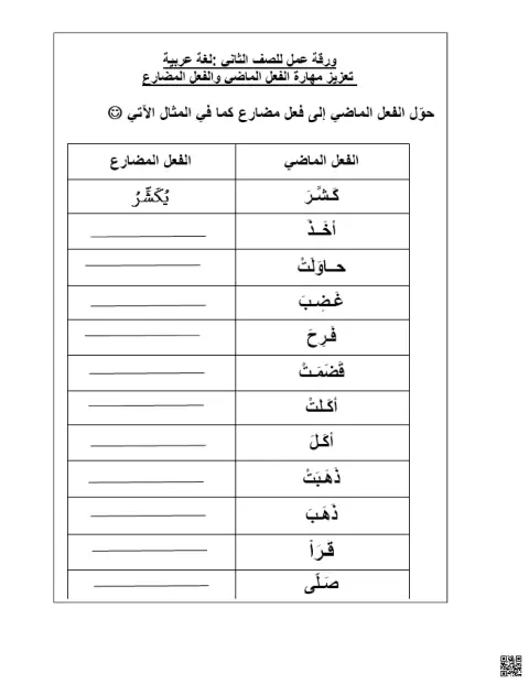 ورقة عمل تعزيز مهارة الفعل الماضي والفعل المضارع