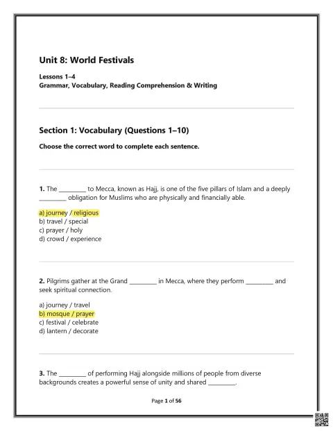 Unit 8: World Festivals - Grammar and Vocabulary Exercises  الهيكل