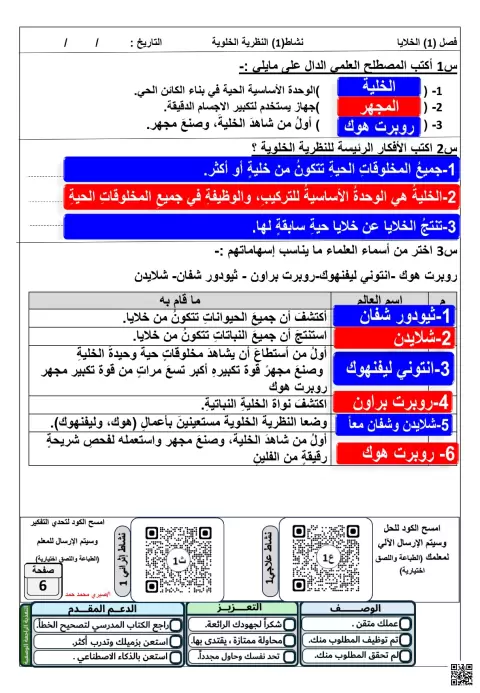 أوراق عمل نشاط النظرية الخلوية