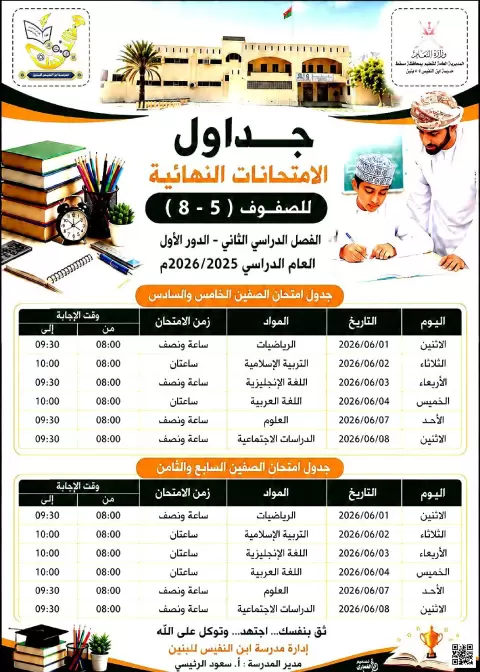 جداول الامتحانات النهائية للصفوف من الخامس إلى الثامن 2025-2026